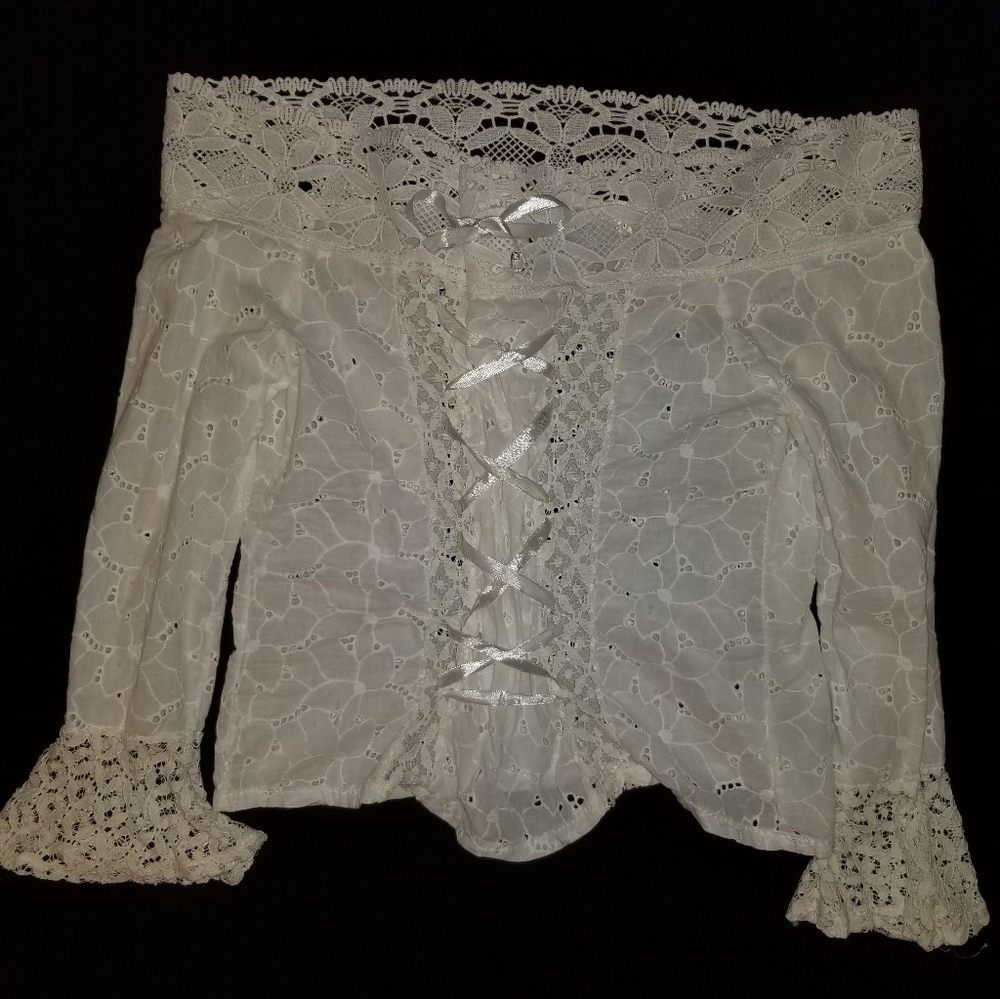 White, off-the-shoulder,  eyelet lace up blouse